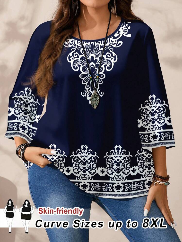 SHEIN CURVE+ 加大码休闲复古印花宽松衬衫，女式加大码蓝白图案复古印花圆领 3/4 袖衬衫，适合夏秋季，教师衬衫，女式秋装，冬季，CURVE PLUS - 彩色 - 查看 1