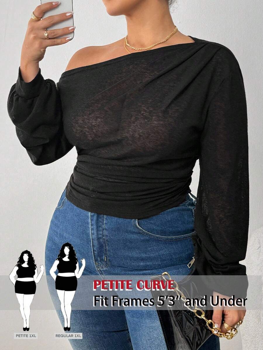 SHEIN PETITE CURVE Plus Size Women's Solid Color Slope Collar Long-Sleeved T-Shirt For Women Casual Loose Slouchy Style See-Through Blouse Beach Vacation Style Top For Women Off The Shoulder Top Long Sleeve Top One Shoulder Top Women Tops Puff Sleeve Top