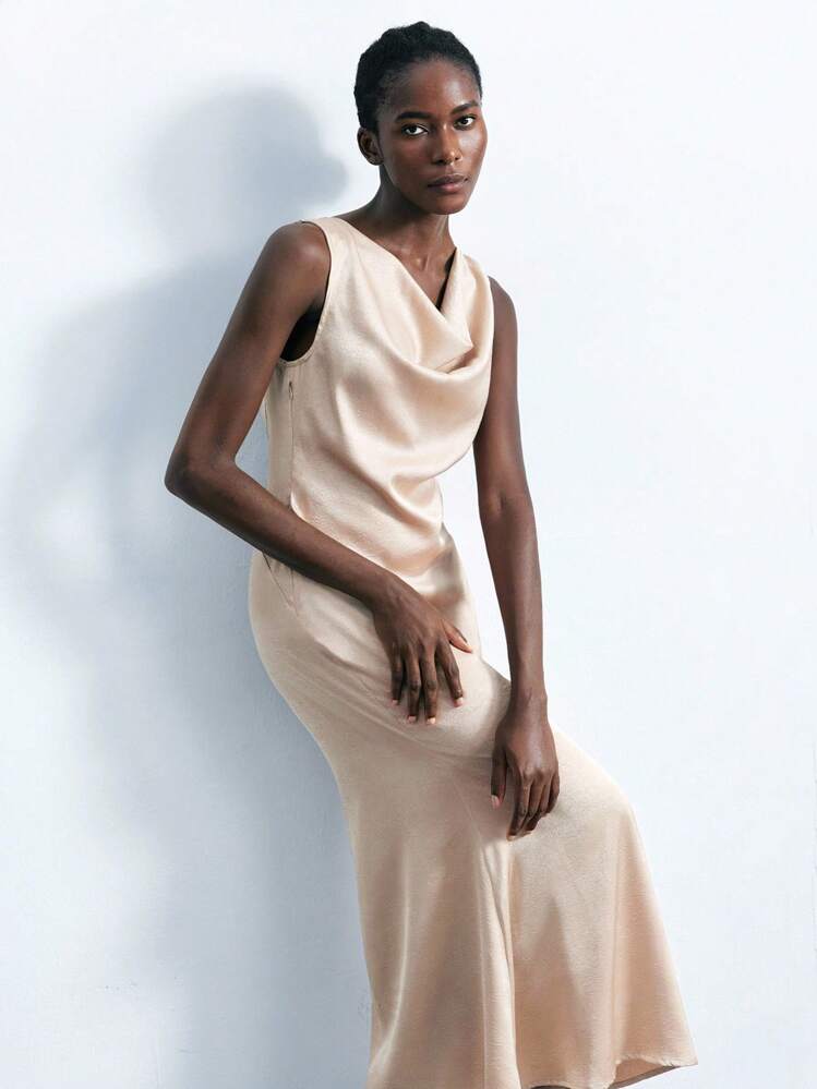 TrendSteals Beige Summer Elegant Wedding Guest Satin Silk Dress For Women,Backless Tie-Up Sleeveless Long Flowy Midi Dress,Old Money Style Business Casual Office
