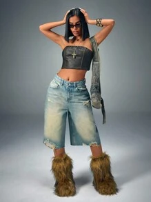 CasuGlow Women's Multi-Pocket Baggy Denim Shorts,Jorts, Casual Everyday - Blue - View 5