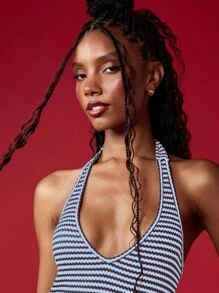 MISSGUIDED Elegant Fitted Halter Neck Maxi Dress Striped Form Fitting Bodycon Evening Party Summer Backless Long Floor Length Gown With Stretch