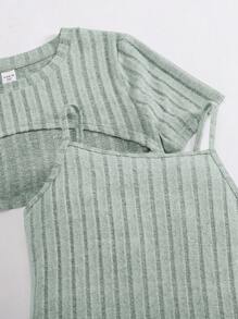 SHEIN 2 件套青少年女孩浅灰色修身针织背心裙和短款短上衣，休闲套装 - 綠色 - 查看 3