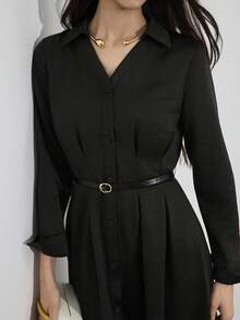 Heiryn Women's Elegant Commuter Solid Color Front Button Mid-Length Dress - Black - View 3