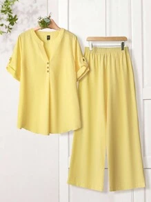 Rusticease Bộ 2 áo thun tay ngắn cổ chữ V cỡ lớn và quần dài - Màu Mù tạt vàng - Xem 7