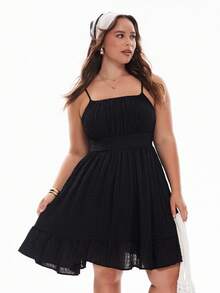 Solavibe 大码毕业礼服白色休闲度假纹理雪纺腰部喇叭形 A 字吊带连衣裙 - 黑色 - 查看 1