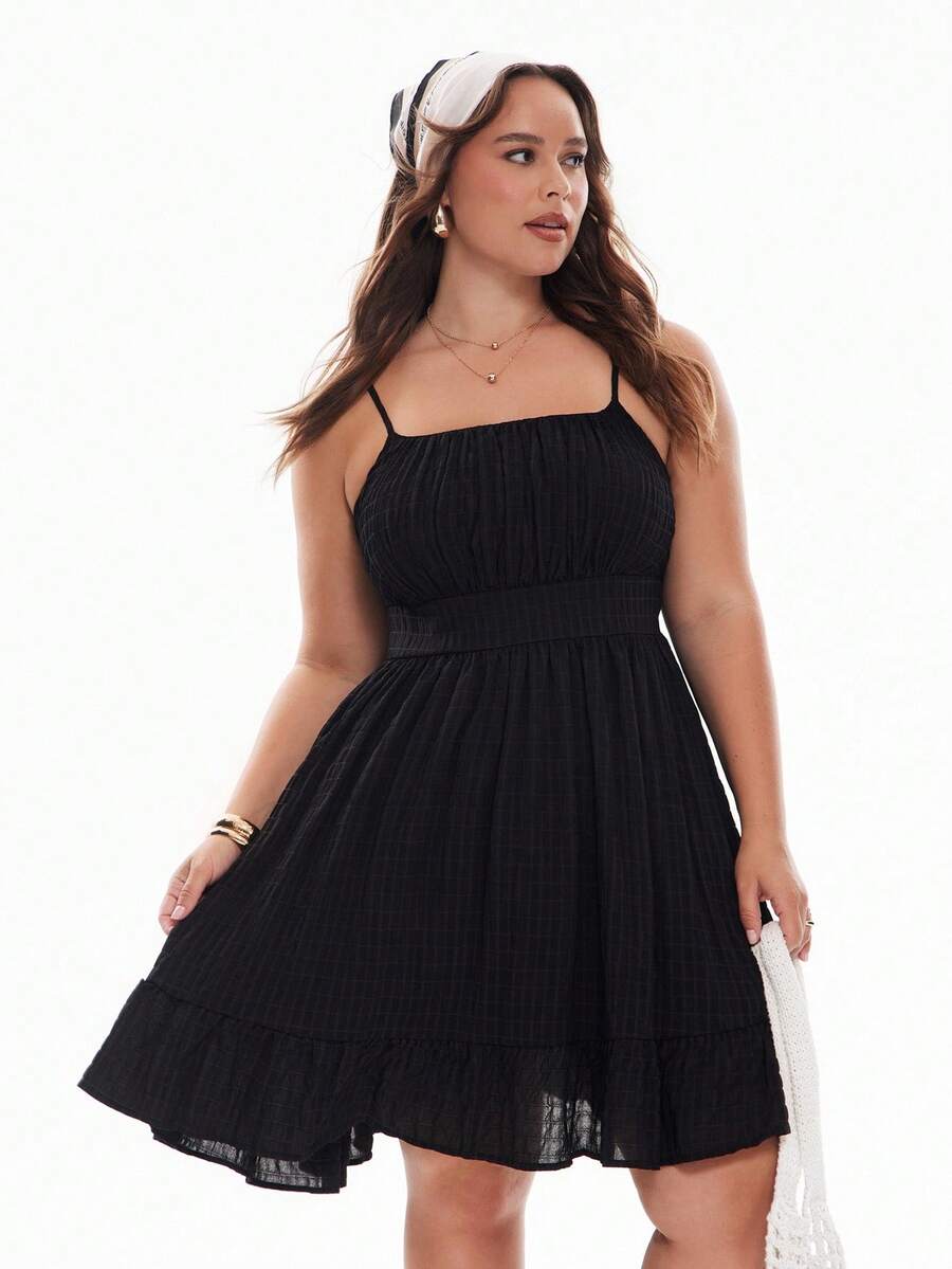 Solavibe 大码毕业礼服白色休闲度假纹理雪纺腰部喇叭形 A 字吊带连衣裙 - 黑色 - 查看 1