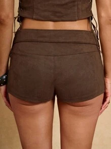SHEIN BAE Brown Metallic Beaded Faux Leather Mini Skirt Hot Pants Country Western Fall Streetwear Festival Elegant Y2k Sexy Cute 90s Midwestern/Pocket Decor Mini Skorts/Suede Shorts/Going Out Shorts/Vintage Style - Brown - View 2