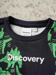 Discovery X SHEIN Young Boys' Dinosaur Allover Asymmetrical Print Patchwork Contrast Color Crew Neck Sweatshirt, Autumn/Winter - Black - View 5