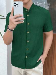 Manfinity VCAY Áo sơ mi nam cổ đứng dệt đơn giản, vừa vặn, tay ngắn, áo sơ mi nam màu xanh lá cây, áo sơ mi nam màu xanh lá cây đậm, áo sơ mi nam thường ngày, áo sơ mi nam tay ngắn, áo sơ mi vải lanh nam, áo sơ mi nam tay ngắn, áo sơ mi nam màu xanh lá cây đậm, áo sơ mi nam vải lanh xanh lá cây, áo sơ mi nam tay ngắn, áo sơ mi nam màu xanh lá cây - Màu xanh lá cây đậm - Xem 3