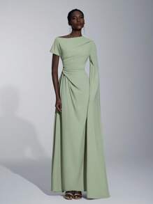Elitara Elegant Asymmetric Sleeve Ruffle Hem Long Sleeve Dress, Suitable For Wedding, Party, Date, Formal Bridesmaid Event