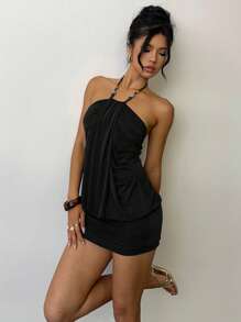 Aloruh 女式纯色串珠露背性感无袖迷你连衣裙 - 黑色 - 查看 4