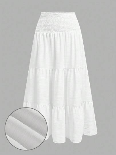 SHEIN MOD Falda casual de verano de mujer con diseño de pastel de múltiples capas en blanco, versátil para uso diario, con cordón en la cintura