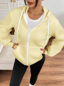 SHEIN EZwear 女式奶油黄色保暖内衬连帽衫，秋冬款 - 黃色 - 查看 5