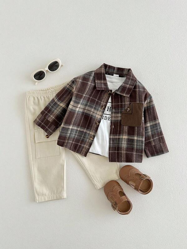 SHEIN Playful Pals 2pcs Baby Boy Casual Plaid Pocket Long Sleeve Shirt And Pants Set, Suitable For Autumn/Winter, Daily & Outdoor Wear Fall