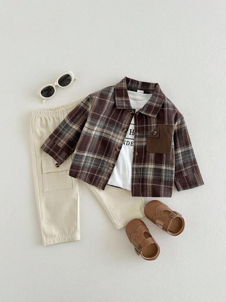 SHEIN Playful Pals 2pcs Baby Boy Casual Plaid Pocket Long Sleeve Shirt And Pants Set, Suitable For Autumn/Winter, Daily & Outdoor Wear Fall - Multicolor - View 1