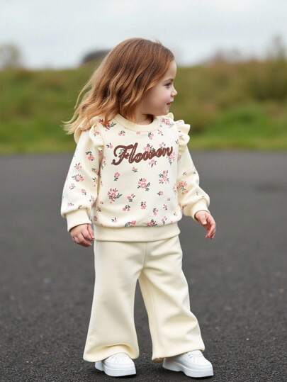 SHEIN 2 件套女婴休闲花卉印花和字母刺绣荷叶边长袖上衣和喇叭裤运动套装，适合秋冬季外出、日常聚会和拍照