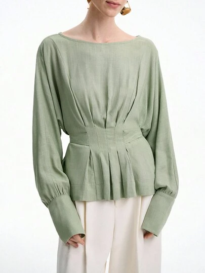 Aalyst 女士法式优雅奢华简约高端休闲度假通勤舒适宽松纯色斜纹天丝亚麻露肩长衬衫，前褶后系腰