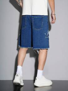 Manfinity Hypemode Shorts Denim Casual Masculina com Barra Desfiada e Lavada, Verão - Lavagem escura - Visão 2