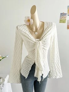 Soleia Women's Cream White & Apricot Textured Knit V-Neck Tie Waist Flare Sleeve Blouse, Suitable For Holiday, Date, Afternoon Tea, Beach, Cruise, Island Vacation, City Trip, Music Festival, Boho Vacation