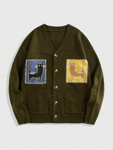 ROMWE MEN Casual 男士前开刺绣猫毛衣，复古日式风格，秋冬，垃圾摇滚风格 - 綠色 - 查看 1