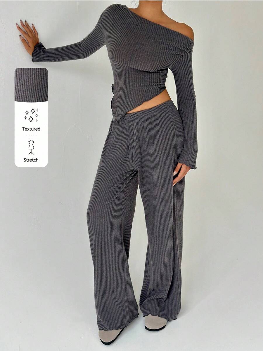 FavEase Asymmetric Neck Long Sleeve T-Shirt And Wide Leg Pants Two Piece Set - Grey - View 1