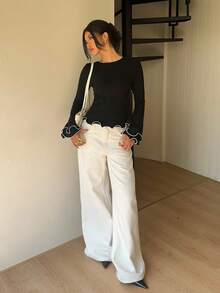 Siren Gaze 老钱风格女士商务休闲外出上衣，女士秋季服装，黑色通勤休闲下摆蕾丝白色撞色露背蝴蝶结喇叭长袖女士时尚优雅圆领荷叶边下摆T恤 - 黑色 - 查看 7