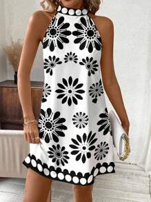 SHEIN Clasi Casual Floral Pattern Halter Mini Dress For Women, Suitable For Summer Chic Dress - Black and White - View 4