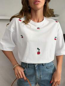 EURMUSE Woman Solid Color Cherry Embroidery Front Round Neck Short Sleeve Spring Summer Casual Tee T-Shirt Top - White - View 4