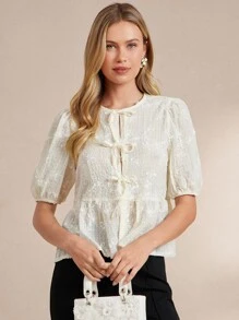 Amorya Women's Front Tie Puff Sleeve Cute Embroidery Vacation Elegant Blouse, Valentine's Day