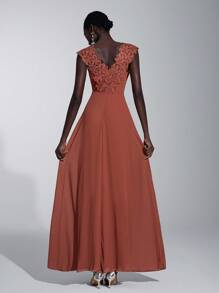 Elitara Appliques Detail Ruched Ruffle Trim Chiffon Formal Dress Elegant Prom Evening Wedding Guest Gown, For Graduation, Dinner Party Dress - Coral Orange - View 3