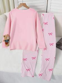 2件套少女优雅休闲纯粉色蝴蝶结装饰圆领长袖上衣和条纹裤家居服套装 - 白色 - 查看 2