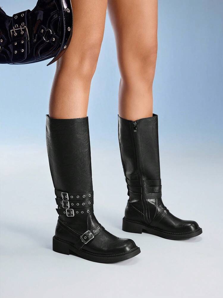 CUCCOO GRLICON Women's Elegant Commuter Buckle Design Over-The-Knee Flat Boots