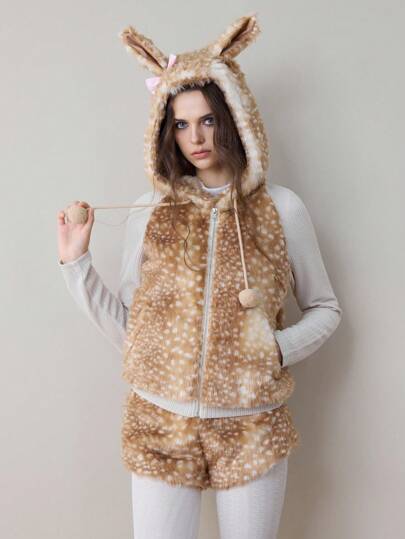 J-Fashion Y2K Vintage Harajuku Style Deer Ear Hooded Fluffy Pom Pom Cardigan Faux Fur Jacket For Women, Regular Fit, Autumn/Winter