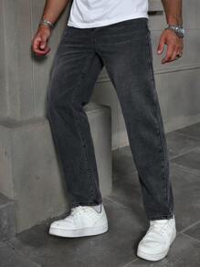 Manfinity Homme Jeans casual da uomo a gamba dritta, jeans neri lisci e lavati lunghi, adatti come regalo per marito o fidanzato