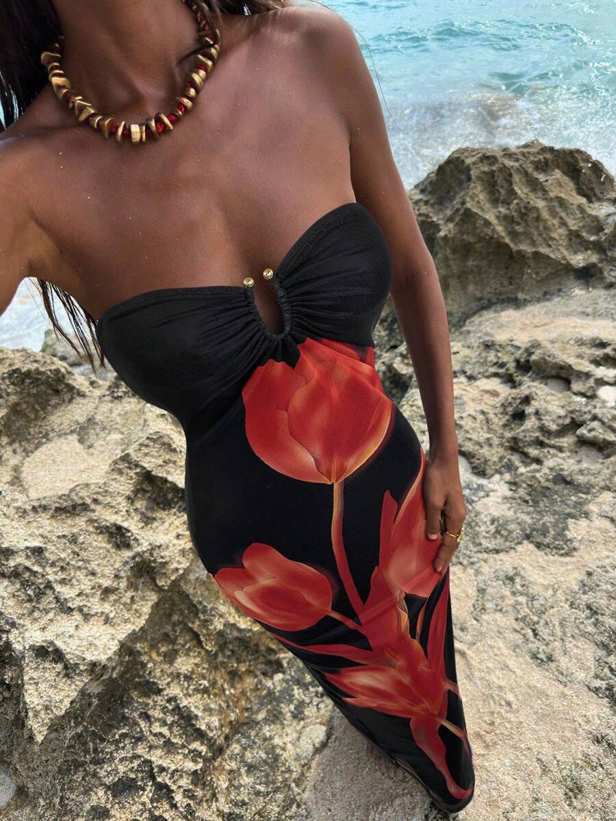 Opulessa 女式针织网眼印花修身连衣裙 - 紅色和黑色 - 查看 1