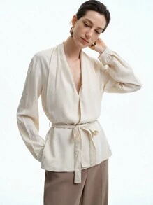 Aalyst Áo cánh nữ vải lanh thanh lịch cổ chữ V, dáng rộng, có vai bèo nhún, xếp ly phía trước, thắt nơ eo, có túi, tay dài, thích hợp mặc trong mùa xuân, thu, đông - Màu be - Xem 7