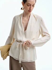 Aalyst Áo cánh nữ vải lanh thanh lịch cổ chữ V, dáng rộng, có vai bèo nhún, xếp ly phía trước, thắt nơ eo, có túi, tay dài, thích hợp mặc trong mùa xuân, thu, đông - Màu be - Xem 5