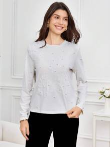 Miaspire 女士圆领长袖 T 恤，优雅设计，饰有串珠和 3D 花卉元素，秋冬 - 白色 - 查看 3