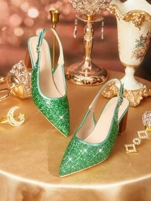 CUCCOO TILAWA Women's Crystal Heel Rhinestone Mesh Pointed Toe Slip-On Pumps Green Shoes, Suitable For Outings, Banquets, Parties And Other Events - Green - View 7