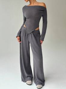 FavEase Asymmetric Neck Long Sleeve T-Shirt And Wide Leg Pants Two Piece Set - Grey - View 5