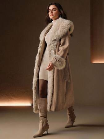 Anewsta Kurtka wełniana średniej długości z puszystym kołnierzem ze sztucznego futra, jesień/zima