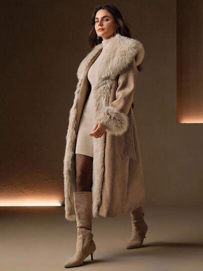 Anewsta Fluffy Faux Fur Collar Mid-Length Woolen Jacket, Autumn/Winter