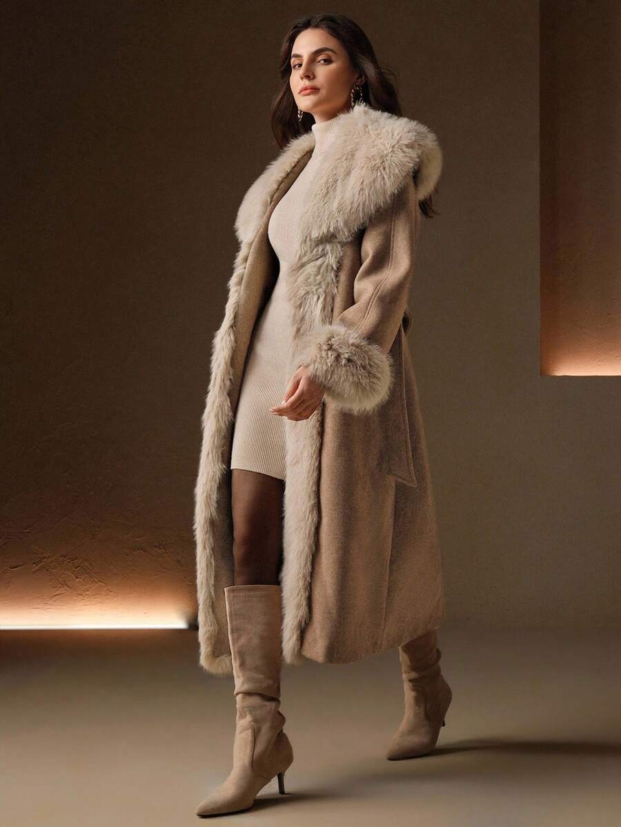 Anewsta 蓬松仿毛领中长款羊毛外套，秋冬 - 卡其色 - 查看 1