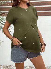 SHEIN 孕妇爱心刺绣圆领短袖休闲T恤