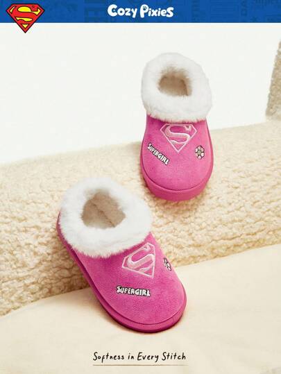 Cozy Pixies SUPERMAN X Cozy Pixies 1 Pair Girl's Pink Cartoon Design Warm Thermal Lined Slip-On Casual Low-Top Slippers, Comfortable & Lightweight For Daily Wear And Sports