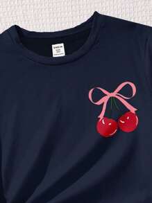 Emery Rose Kids Emery Rose Kids Bộ 2 món áo ngắn tay tối giản thường ngày và quần short cho bé gái tuổi teen, phù hợp cho mùa hè - Màu xanh hải quân - Xem 5