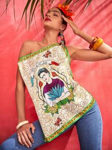 Frida Kahlo X SHEIN بلوزة جرافيك شخص ياقة غير متماثل