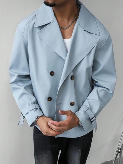 Manfinity Homme Men's Long Sleeve Casual Solid Color Double-Breasted Trench Coat, Spring/Autumn Light Blue Double Breasted Trench Coat, A Great Gift For Your Boyfriend, Back To School Double Breasted Baby Blue Suit