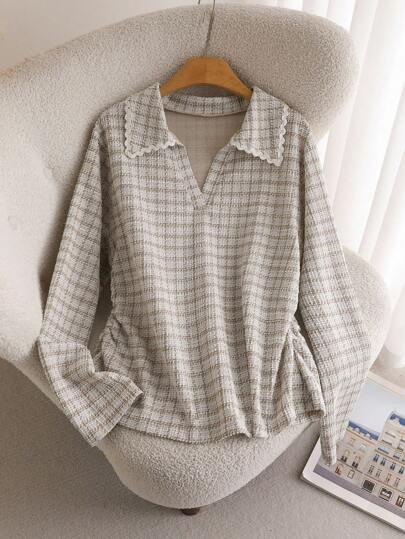 CosyJoli 大码女式宽松休闲格子 Polo 领长袖 T 恤