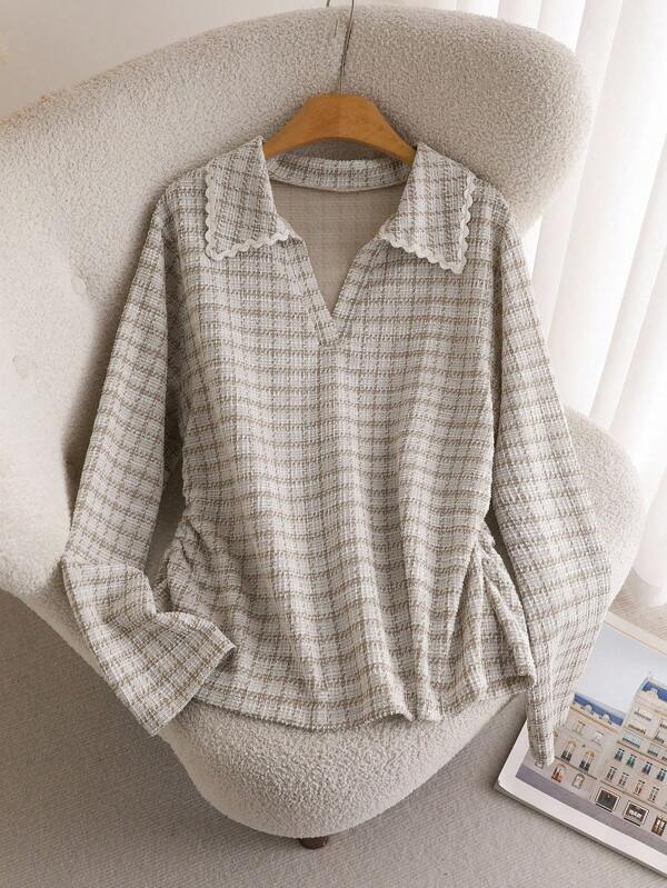 CosyJoli 大码女式宽松休闲格子 Polo 领长袖 T 恤